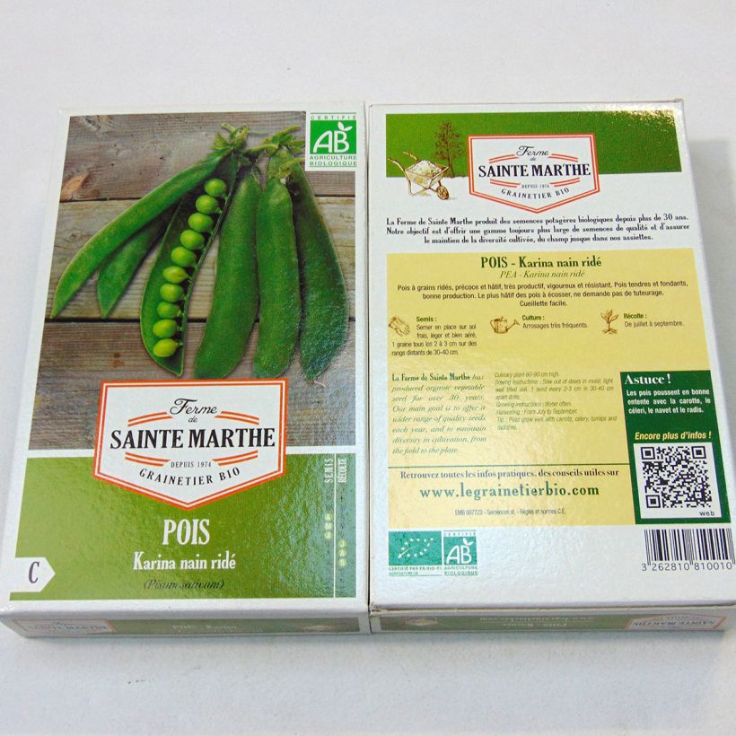 Exemple de spécimen de Pois nain Karina Bio - Ferme de Sainte Marthe le sachet de 240 graines (80g) tel que livré