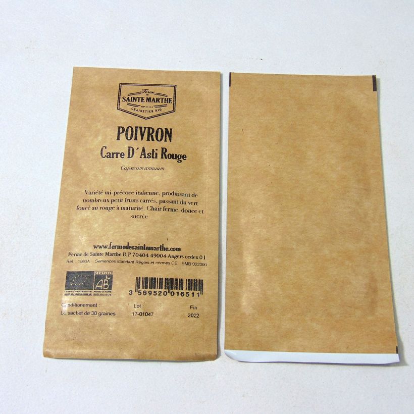 Exemple de spécimen de Poivron carré d'Asti Rouge Bio - Ferme de Sainte Marthe le sachet de 30 graines (Sachet de 30 grainesg) tel que livré