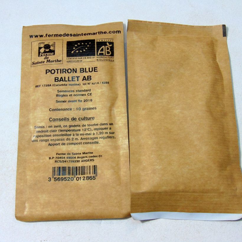 Exemple de spécimen de Potiron Blue Ballet Bio - Ferme de Sainte Marthe le sachet de 10 graines (1g) tel que livré