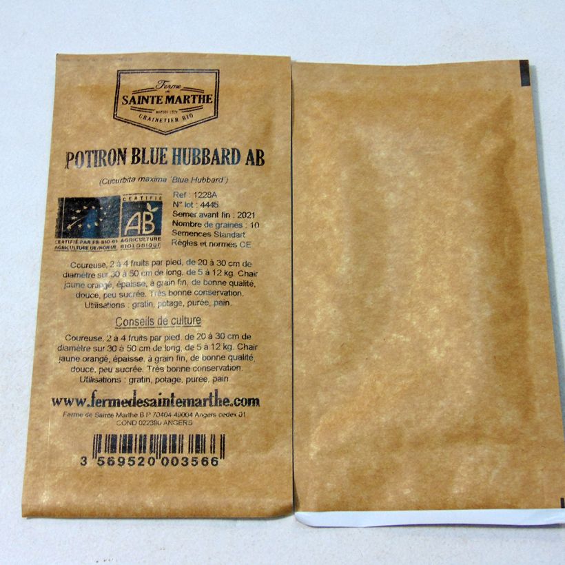 Exemple de spécimen de Potiron Blue Hubbard Bio - Ferme de Sainte Marthe le sachet de 10 graines (3g) tel que livré