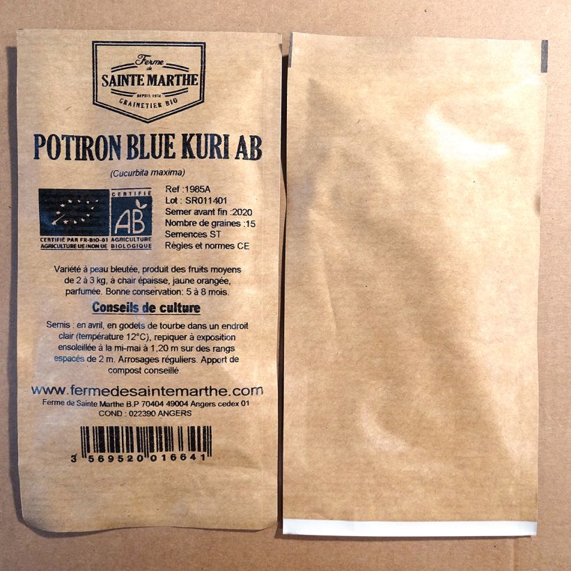 Exemple de spécimen de Potiron Blue Kuri Bio - Ferme de Sainte Marthe le sachet de 15 graines tel que livré