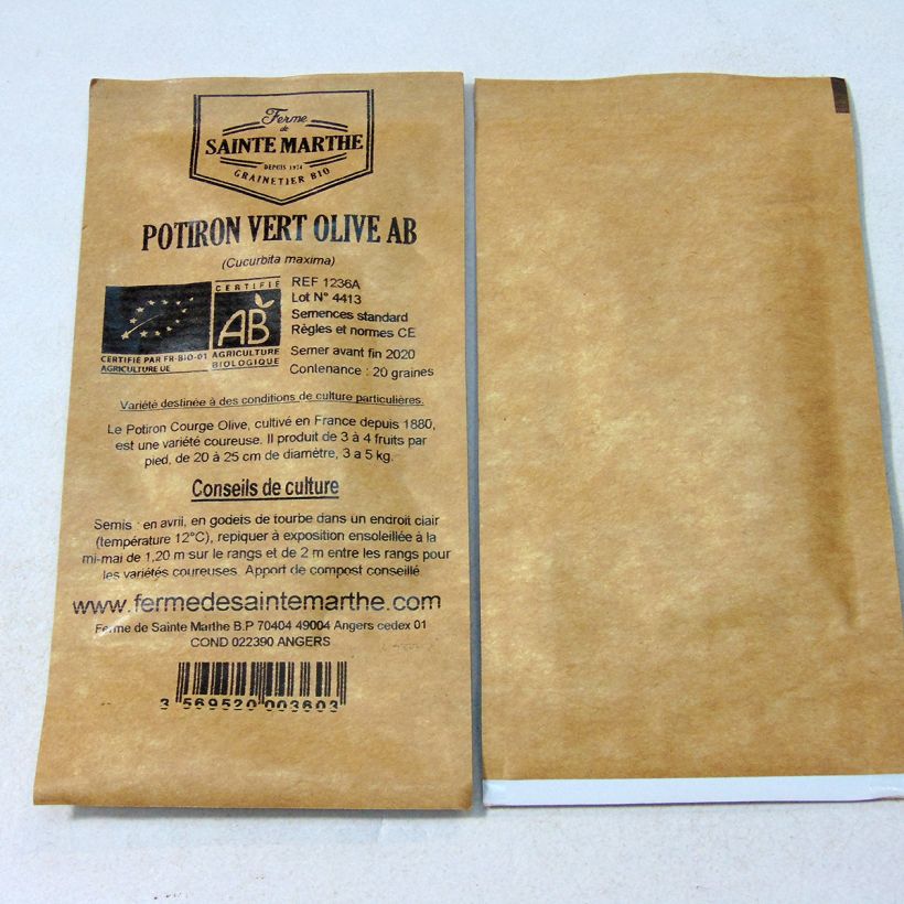 Exemple de spécimen de Potiron Vert Olive Bio - Ferme de Sainte Marthe le sachet de 20 graines (4g) tel que livré