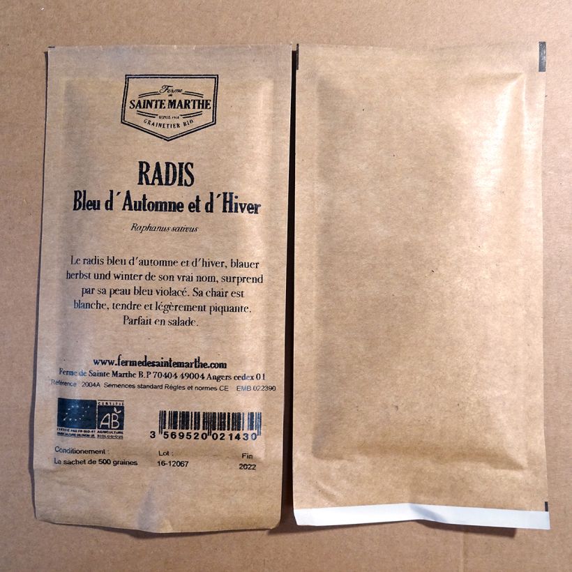 Exemple de spécimen de Radis Bleu d'Automne et d'Hiver Bio - Ferme de Sainte Marthe le sachet de 500 graines tel que livré