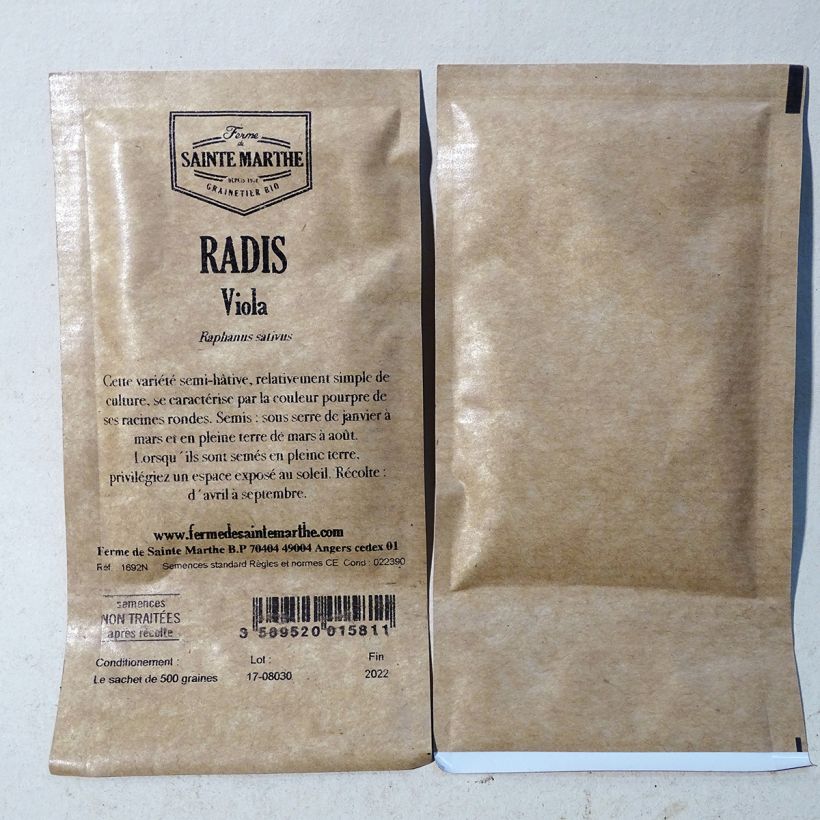 Exemple de spécimen de Radis Viola NT - Ferme de Sainte Marthe le sachet de 500 graines (5g) tel que livré