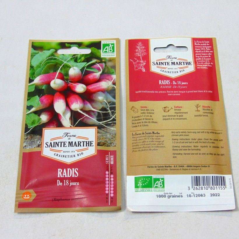 Exemple de spécimen de Radis de 18 Jours Bio - Ferme de Sainte Marthe le sachet de 1000 graines (8g) tel que livré