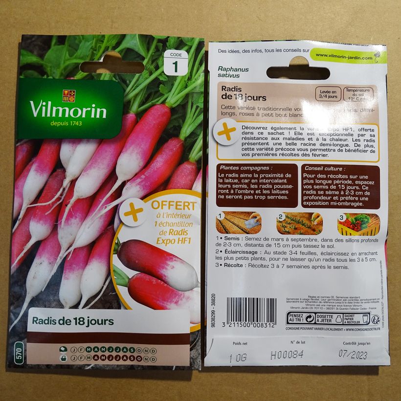 Exemple de spécimen de Radis de 18 jours + échantillon radis Expo F1 - Vilmorin le sachet de 1200 graines (10g) tel que livré
