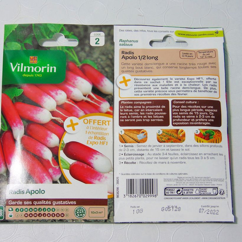 Exemple de spécimen de Radis demi-long Apolo (Création Vilmorin) - Vilmorin le sachet de 800 graines (10g) tel que livré