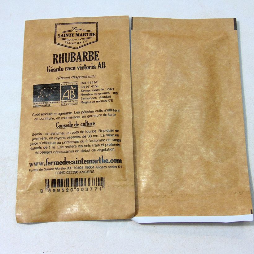 Exemple de spécimen de Rhubarbe Géante Race Victoria Bio - Ferme de Sainte Marthe le sachet de 100 graines (1g) tel que livré