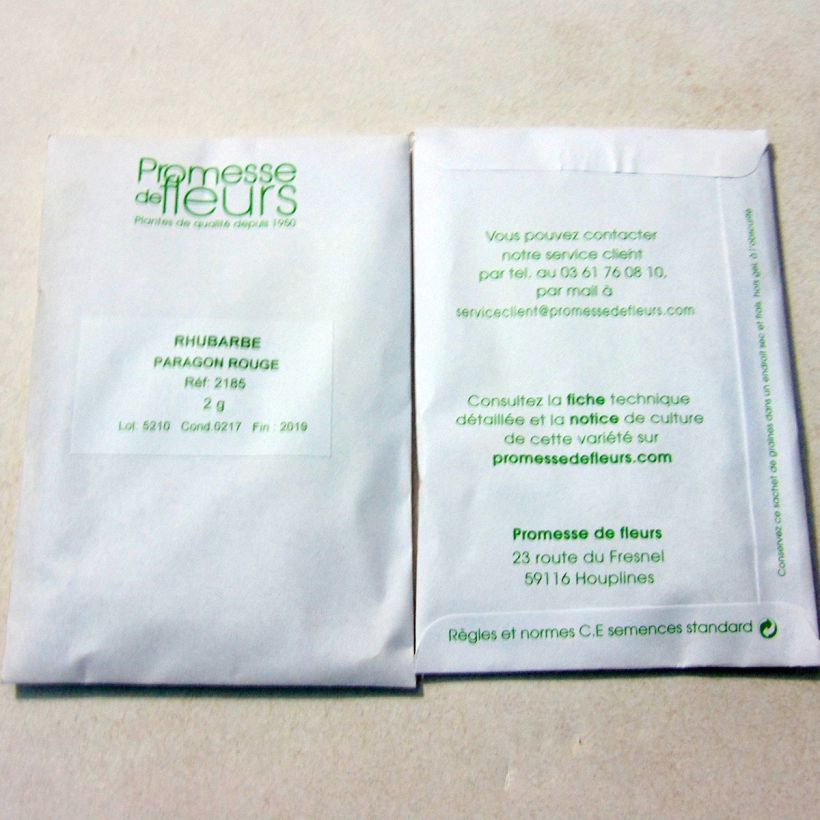 Exemple de spécimen de Rhubarbe Paragon Rouge - Rheum rhaponticum le sachet de +/- 125 graines (minimum 2g) tel que livré