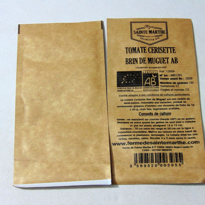 Exemple de spécimen de Tomate Cerisette Brin de Muguet Bio - Ferme de Sainte Marthe le sachet de 50 graines tel que livré