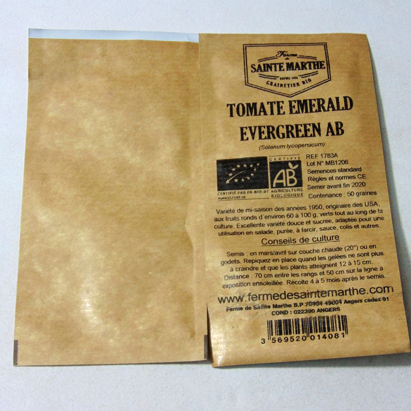 Exemple de spécimen de Tomate Emerald Evergreen Bio - Ferme de Sainte Marthe le sachet de 50 graines tel que livré