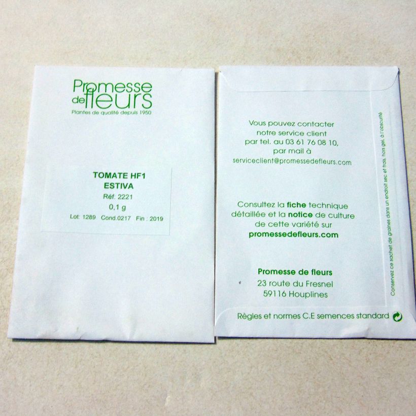 Exemple de spécimen de Tomate Estiva F1 le sachet de +/- 25 graines (minimum 0,1g) tel que livré