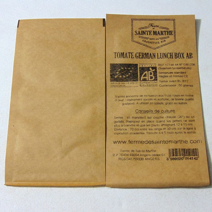 Exemple de spécimen de Tomate German Lunch Box Bio - Ferme de Sainte Marthe le sachet de 50 graines tel que livré