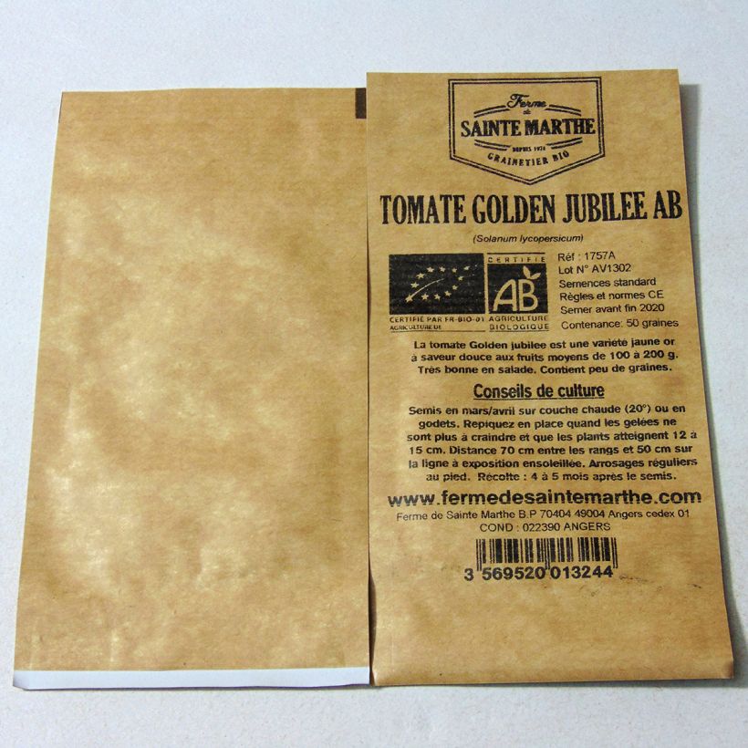 Exemple de spécimen de Tomate Golden Jubilee Bio - Ferme de Sainte Marthe le sachet de 50 graines tel que livré
