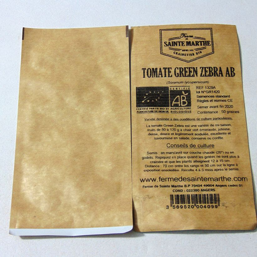 Exemple de spécimen de Tomate Green Zebra Bio - Ferme de Sainte Marthe le sachet de 50 graines tel que livré