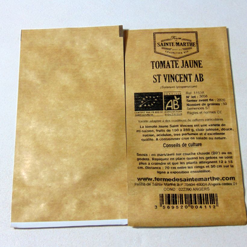 Exemple de spécimen de Tomate Jaune Saint Vincent Bio - Ferme de Sainte Marthe le sachet de 50 graines tel que livré