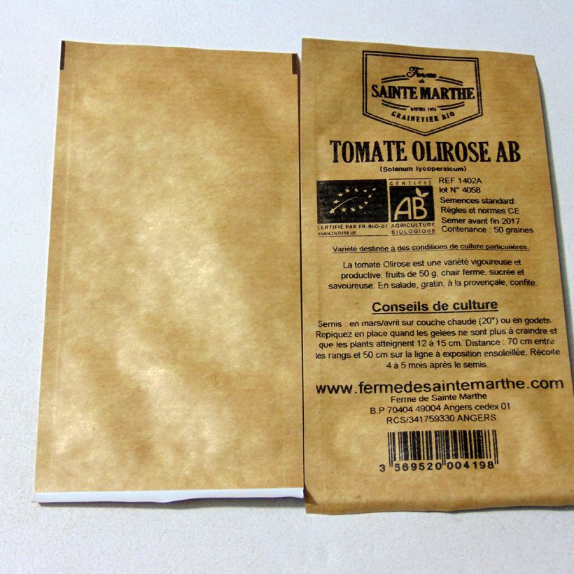 Exemple de spécimen de Tomate Olirose Bio - Ferme de Sainte Marthe le sachet de 50 graines tel que livré