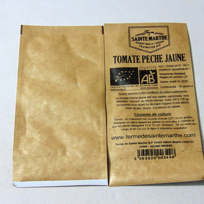 Exemple de spécimen de Tomate Pêche jaune Bio - Ferme de Sainte Marthe le sachet de 50 graines tel que livré