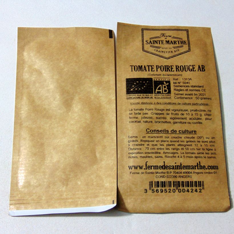 Exemple de spécimen de Tomate Poire rouge Bio - Ferme de Sainte Marthe le sachet de 50 graines tel que livré