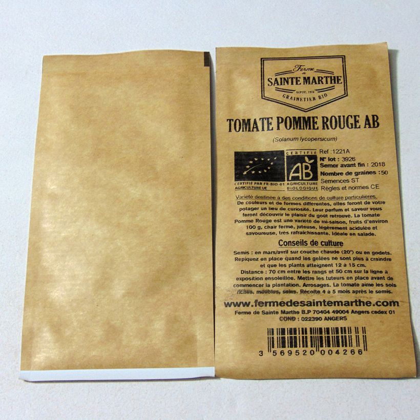 Exemple de spécimen de Tomate Pomme rouge Bio - Ferme de Sainte Marthe le sachet de 50 graines tel que livré