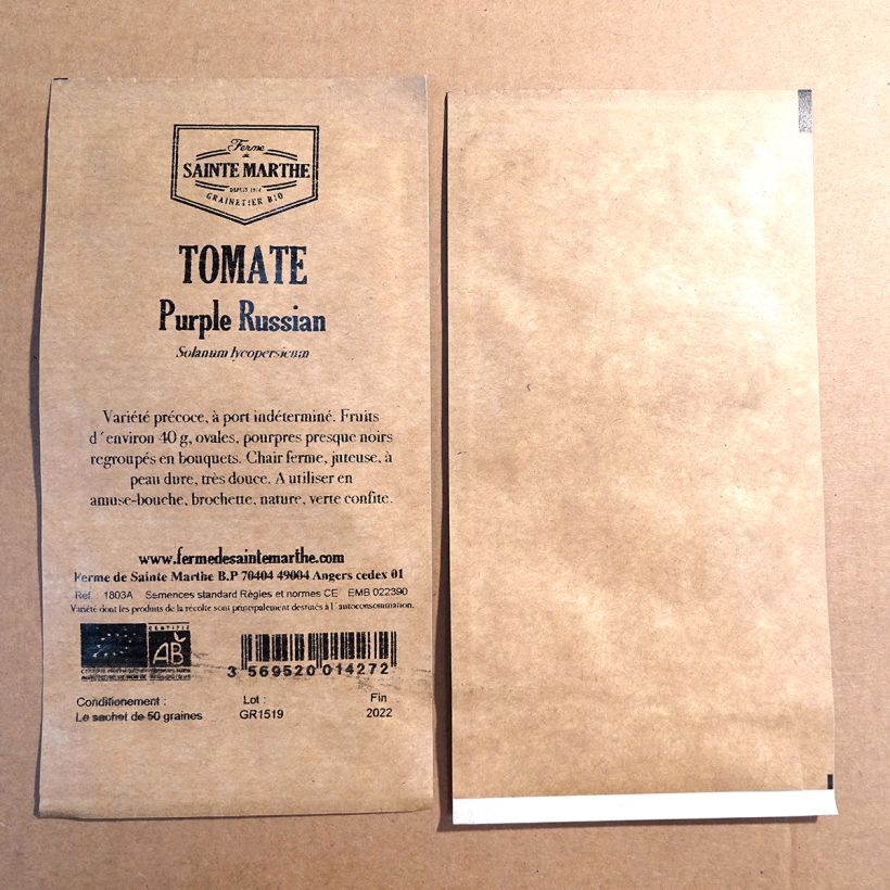Exemple de spécimen de Tomate Purple Russian Bio - Ferme de Sainte Marthe le sachet de 50 graines tel que livré