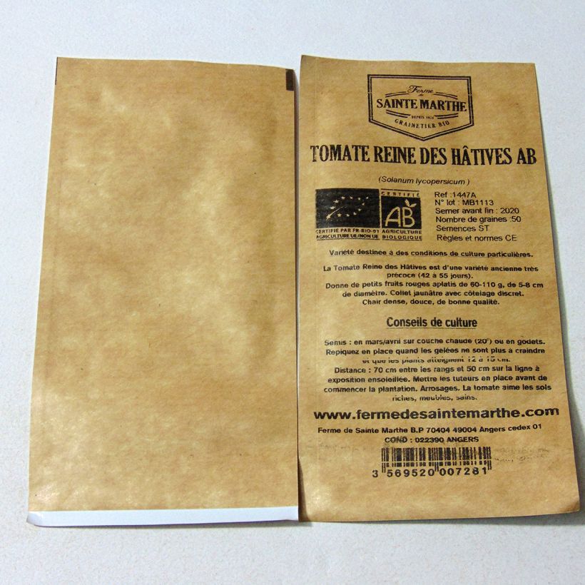 Exemple de spécimen de Tomate Reine des hâtives Bio - Ferme de Sainte Marthe le sachet de 50 graines tel que livré