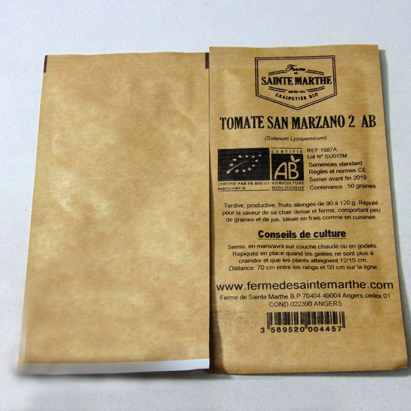 Exemple de spécimen de Tomate San Marzano 2 Bio - Ferme de Sainte Marthe le sachet de 50 graines tel que livré