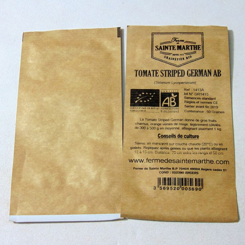 Exemple de spécimen de Tomate Striped German Bio - Ferme de Sainte Marthe le sachet de 50 graines tel que livré