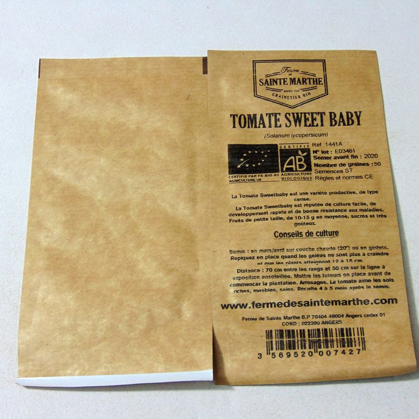 Exemple de spécimen de Tomate Sweetbaby Bio - Tomate cerise - Ferme de Sainte Marthe le sachet de 50 graines tel que livré
