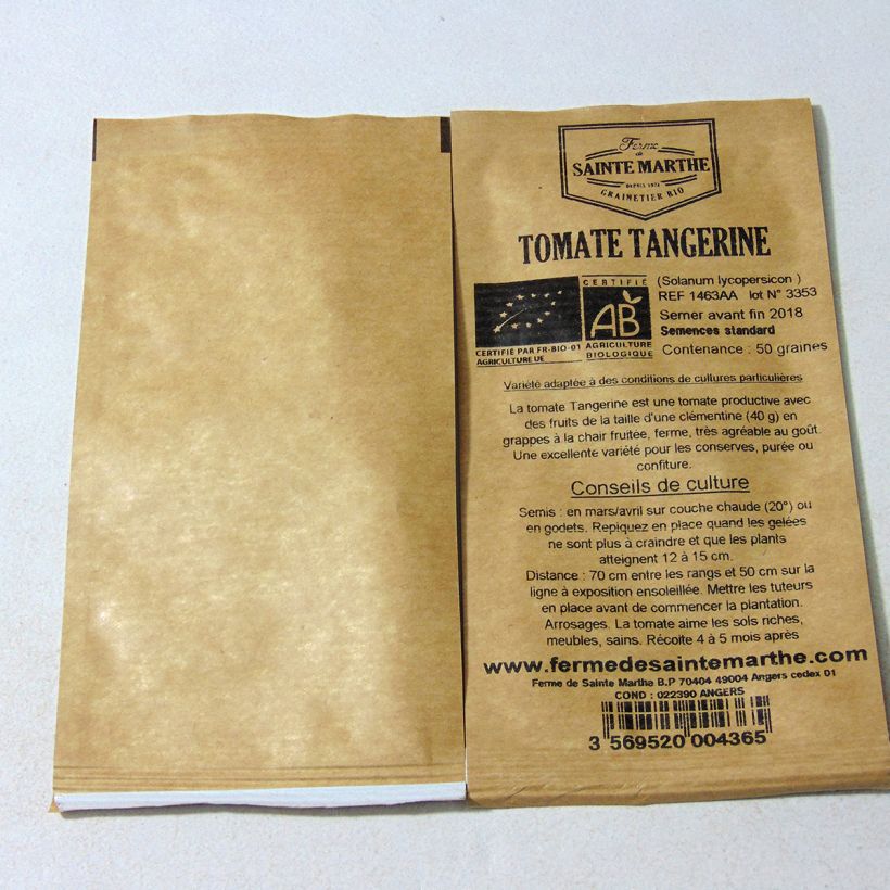 Exemple de spécimen de Tomate Tangerine Bio - Ferme de Sainte Marthe  le sachet de 50 graines tel que livré