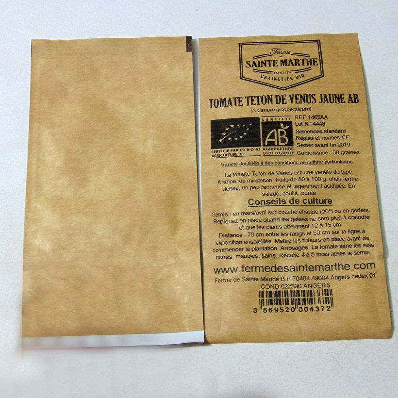 Exemple de spécimen de Tomate Téton de Venus jaune Bio - Ferme de Sainte Marthe le sachet de 50 graines tel que livré