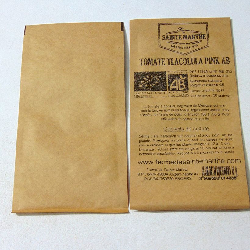 Exemple de spécimen de Tomate Tlacolula Pink Bio - Ferme de Sainte Marthe le sachet de 50 graines tel que livré
