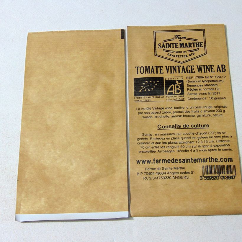 Exemple de spécimen de Tomate Vintage Wine Bio - Ferme de Sainte Marthe le sachet de 50 graines tel que livré