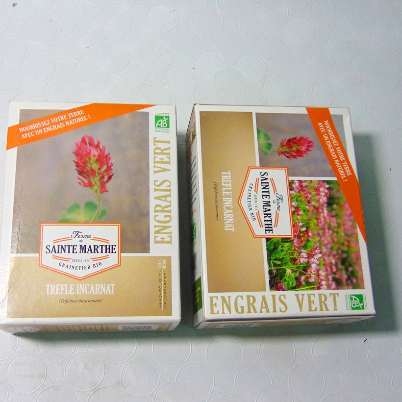 Exemple de spécimen de Trèfle Incarnat Bio - Engrais vert - Ferme de Sainte Marthe le sachet de graines de 300 grammes tel que livré