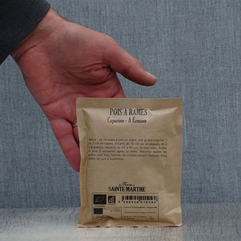 Exemple de spécimen de Pois à rames Blauwschokker Bio - Pois capucine - Ferme de Sainte Marthe le sachet de 150 graines (50g) tel que livré